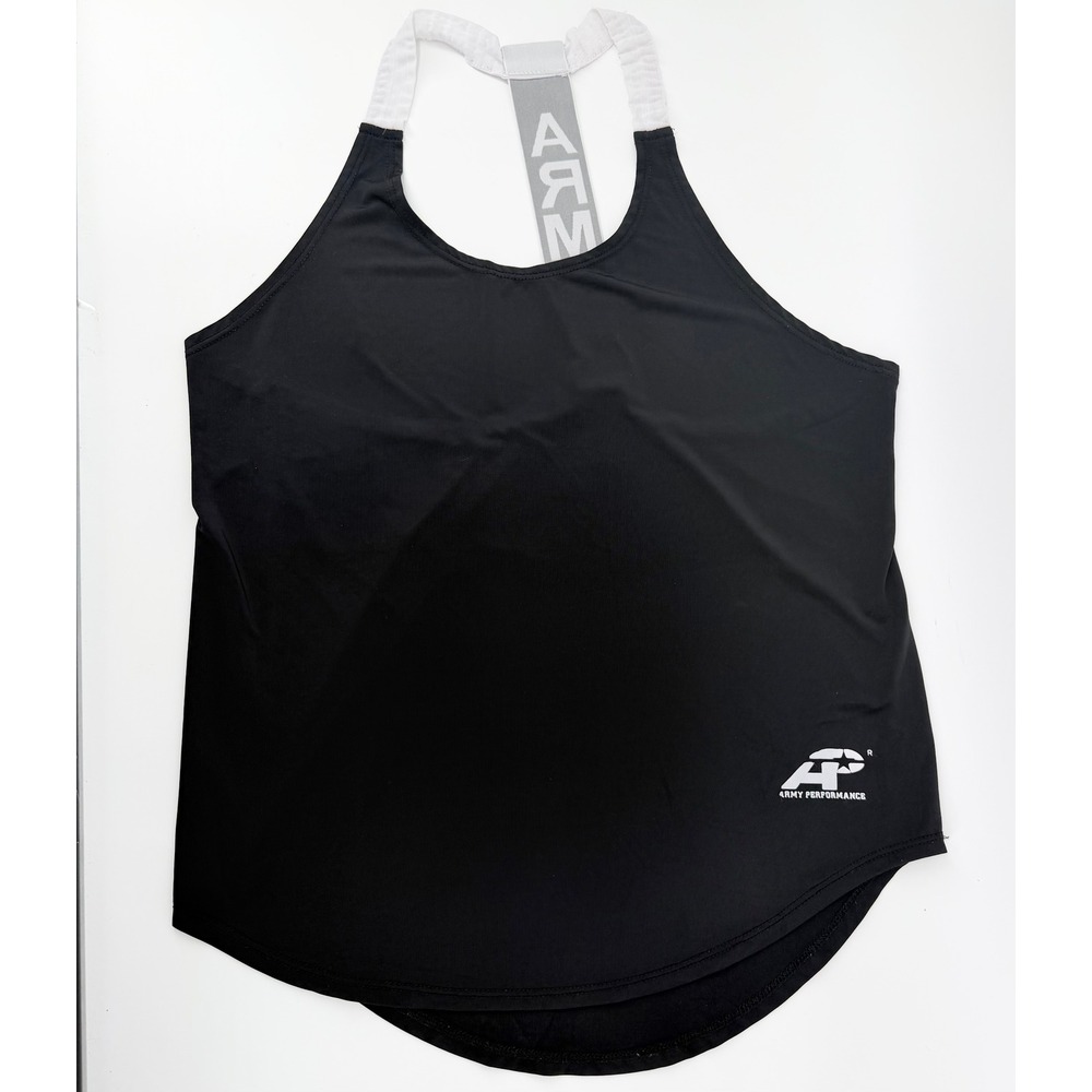 Army Performance Womens Small Black Racerback Tank Top White Strap Gym Athletic